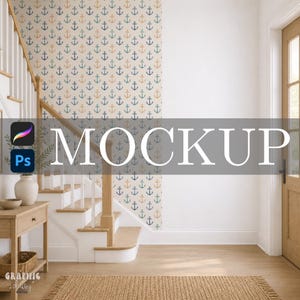 May include: Interior mockup showing a staircase with white steps and wooden handrails. The wall features anchor-patterned wallpaper in blue, green, and tan. The word "MOCKUP" is displayed. A wooden table and a woven rug complete the scene.