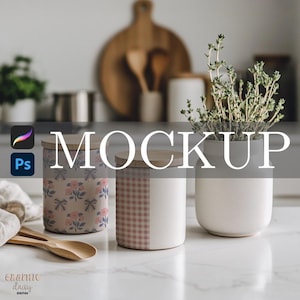 Maqueta de bote de cocina, maqueta de patrón de superficie, maqueta de cocina, plantilla de objeto inteligente para Procreate y Photoshop, maqueta de estilo de vida