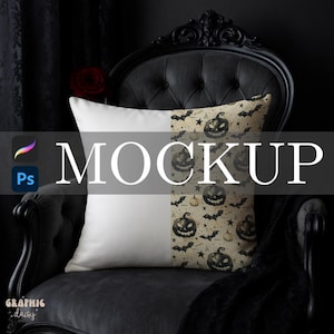 May include: A decorative pillow with a Halloween theme. One half is plain white, the other half features a pattern of jack-o'-lanterns, bats, and stars on a beige background. The word "MOCKUP" is overlaid on the image.