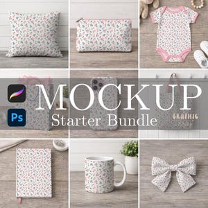 May include: A mockup starter bundle featuring various items with a floral pattern. Items include a pillow, cosmetic bag, baby onesie, shopping bag, phone case, notebook, mug, and bow. The items have a cream background with pink and blue floral accents.