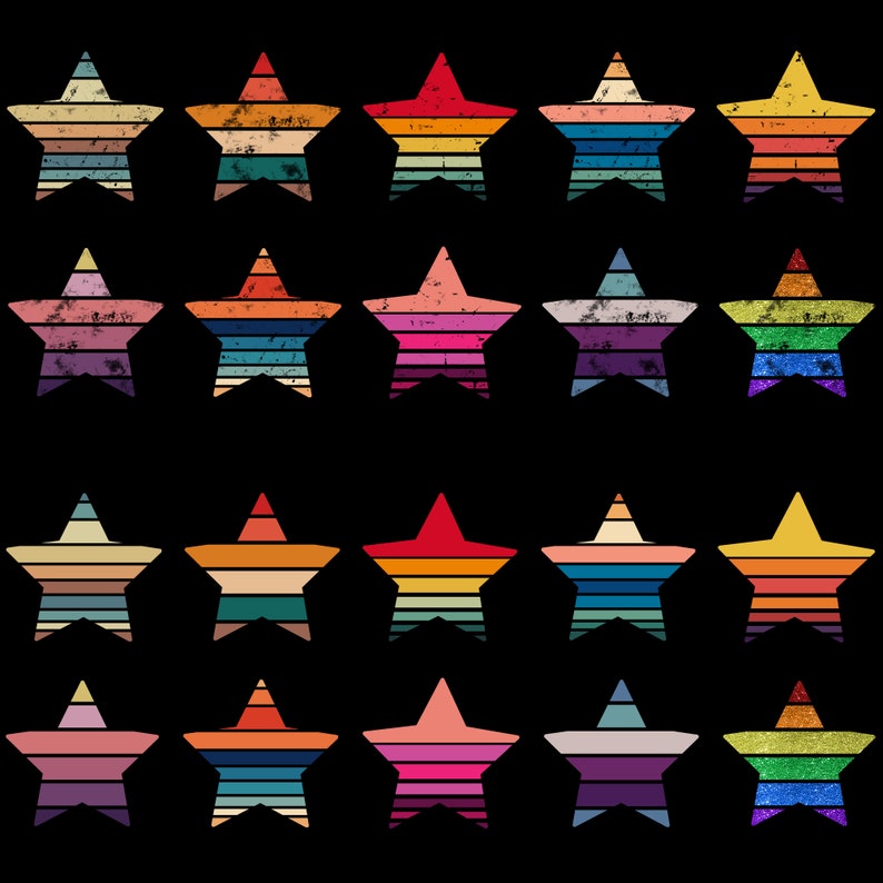 Puede incluir: Un fondo negro con 20 estrellas coloridas con un dise&ntilde;o a rayas retro. Cada estrella tiene una combinaci&oacute;n de colores diferente de rojo, naranja, amarillo, verde, azul, morado y rosa.