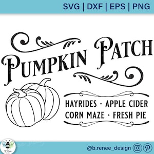 May include: Black and white line art illustration of a pumpkin patch sign. The sign reads "Pumpkin Patch" with a decorative flourish. Below the sign is a banner that reads "Hayrides, Apple Cider, Corn Maze, Fresh Pie".