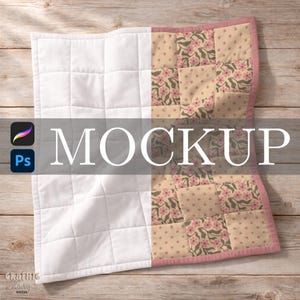 May include: A square quilt mockup, half white and half patterned. The patterned side features a floral design with pink flowers on a beige background. The quilt has a pink border and the word "MOCKUP" is overlaid on the image.