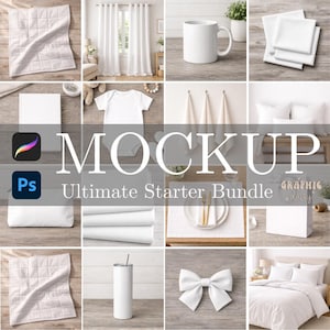 May include: A collection of white items, including a mug, bedding, curtains, a baby onesie, and a bow. The image also features the text "MOCKUP Ultimate Starter Bundle" with the logos for Procreate and Photoshop.