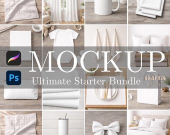 Könnte beinhalten: Eine Sammlung weißer Artikel, darunter eine Tasse, Bettwäsche, Vorhänge, ein Baby-Body und eine Schleife. Das Bild zeigt auch den Text "MOCKUP Ultimate Starter Bundle" mit den Logos für Procreate und Photoshop.