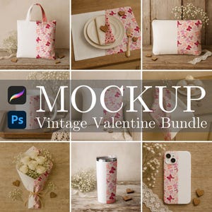 May include: A mockup bundle featuring various items with a vintage Valentine's Day theme. Includes a tote bag, placemat, pillow, mug, bouquet of white roses, tumbler, and phone case. Each item has a white and pink butterfly pattern.