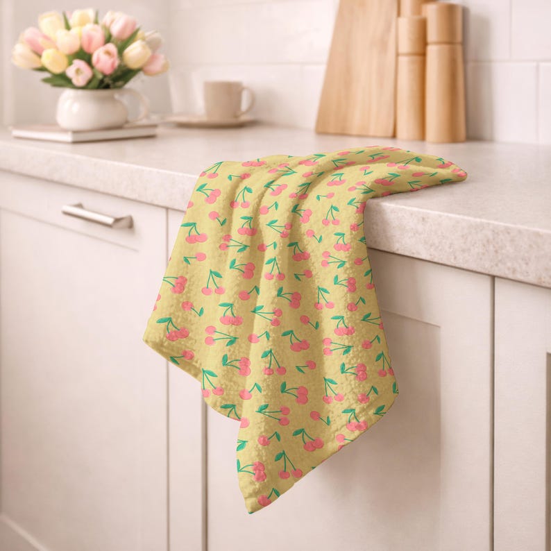 May include: A yellow kitchen towel with a repeating pattern of pink cherries and green stems. The towel is draped over a white cabinet, with a countertop and a vase of flowers in the background. The towel is made of a soft, textured fabric.