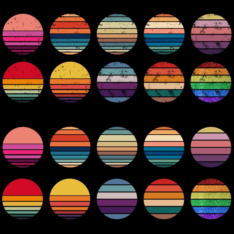Puede incluir: Un conjunto de 20 dise&ntilde;os retro de puesta de sol coloridos. Cada dise&ntilde;o presenta un c&iacute;rculo con un degradado de colores, que se asemeja a una puesta de sol. Los dise&ntilde;os est&aacute;n dispuestos en una cuadr&iacute;cula.