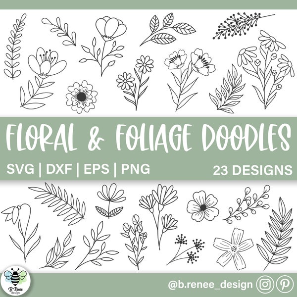 Bloemen en gebladerte Doodles SVG-bundel | Wilde bloemen SVG | 23 handgetekende elementen | Botanische Svg-bundel | Bloem Svg | SVG-bestanden voor Cricut