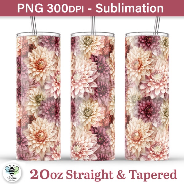 3D Maroon and Cream Dahlias Tumbler Wrap | 20oz Skinny and Tapered Tumbler Sublimation Design | 3D Floral Tumbler PNG | Tumbler Wrap PNG