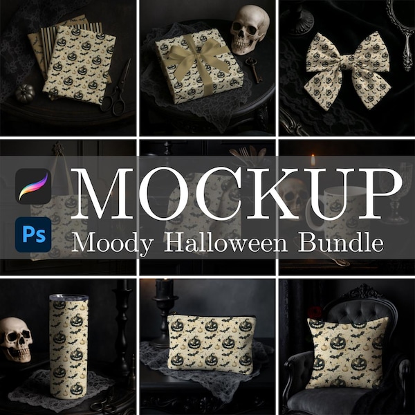 Moody Halloween Mockup Bundle: Procreate & Photoshop Smart Object Surface Pattern Mockups (Digital Download)