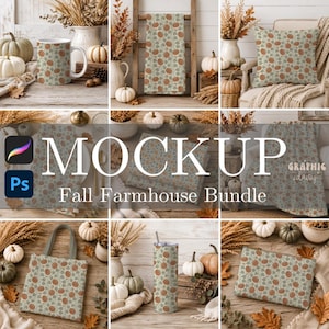 May include: A digital mockup bundle featuring a repeating pumpkin and leaf pattern on various items including a ceramic mug, a kitchen towel, a throw pillow, a blanket, a tote bag, a tumbler, and a zippered pouch, all displayed in a fall setting.