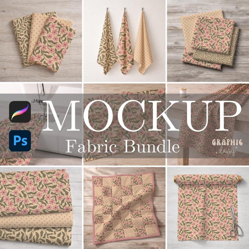 May include: Fabric bundle mockup featuring various fabric patterns with floral and polka dot designs. The fabrics are in shades of beige, pink, and green. The text "MOCKUP Fabric Bundle" is displayed in the center of the image.