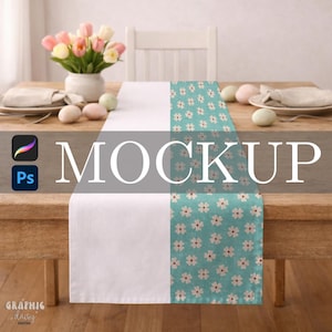 May include: A white and floral patterned table runner on a wooden table. The runner has a white section and a section with a light blue background and white flowers. The word "MOCKUP" is overlaid on the image.