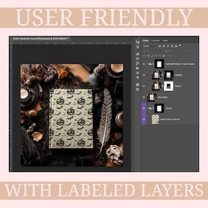 May include: A mockup of a Gothic hardcover journal with a pumpkin and bat pattern. The journal is surrounded by candles, feathers, and other Halloween-themed decorations. The text "USER FRIENDLY" and "WITH LABELED LAYERS" are displayed.
