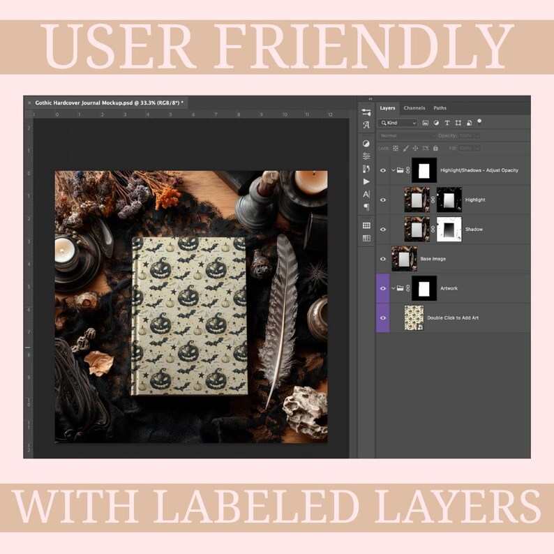 May include: A mockup of a Gothic hardcover journal with a pumpkin and bat pattern. The journal is surrounded by candles, feathers, and other Halloween-themed decorations. The text "USER FRIENDLY" and "WITH LABELED LAYERS" are displayed.
