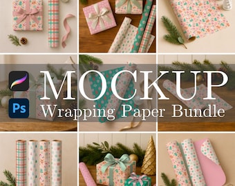 Christmas Wrapping Paper Mockup Bundle: 10 Procreate and Photoshop Smart Object Mockups, Christmas Mockups