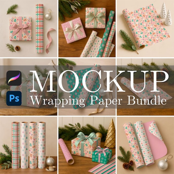 Christmas Wrapping Paper Mockup Bundle: 10 Procreate and Photoshop Smart Object Mockups, Christmas Mockups