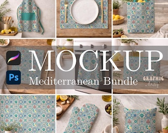 May include: A Mediterranean bundle with an apron, placemat, tote bag, oven mitt, pillow, and other items. Each item has a repeating pattern of blue, green, and coral tile-like designs. The word "MOCKUP" is displayed in large white letters.