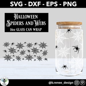 May include: A black and white design featuring spiders and spiderwebs. The design is for a 16 ounce glass can wrap. The text "HALLOWEEN SPIDERS AND WEBS 16oz GLASS CAN WRAP" is at the top of the design.