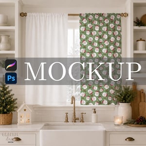 Weihnachtsgardinen-Mockup, Oberflächenmuster-Mockup, Procreate- und Photoshop-Mockup, Weihnachtsmuster-Mockup, Küchengardinen-Mockup