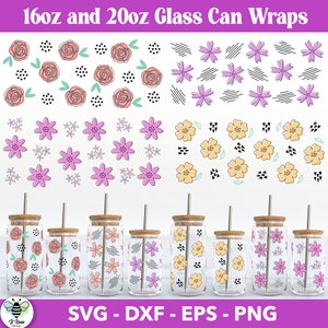 Floral Libbey Can Glass Bundle | Flower Wraps for Beer Can Glasses | Flower SVG | Glass Can Wraps | 16oz and 20oz Libbey Glass SVG