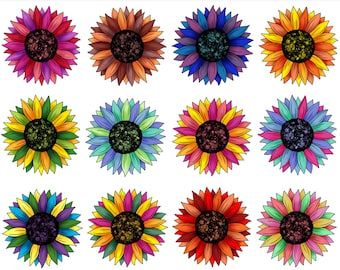 Imágenes prediseñadas PNG de girasoles coloridos para impresión y scrapbooking. Diseño floral.