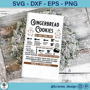 May include: A printable recipe card for gingerbread cookies. The card features a gingerbread man illustration and a list of ingredients and instructions for making gingerbread cookies. The text includes measurements in cups and instructions to bake for 8-10 minutes.