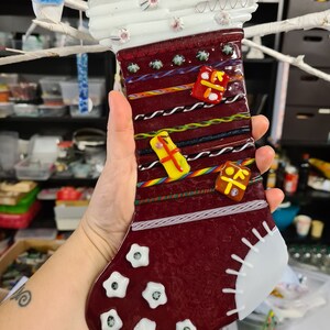 Giant Fused Glass Christmas Stocking Ornament Decoration, Cornish Glass Christmas Tree Decoration Home Décor, Bespoke, Unique and Gorgeous