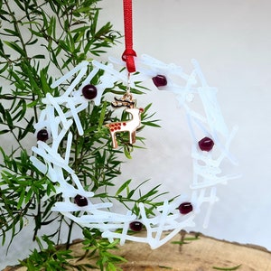 Fused Glass White Wreath Ornament Hanging with Reindeer Trinket Christmas Tree Decoration Home Décor, Bespoke, Unique and Gorgeous