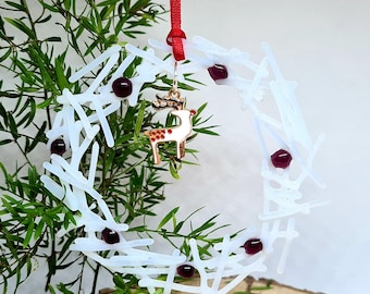 Fused Glass White Wreath Ornament Hanging with Reindeer Trinket Christmas Tree Decoration Home Décor, Bespoke, Unique and Gorgeous