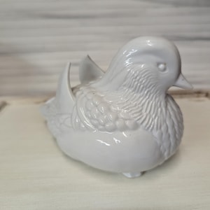 Può includere: Figurina di anatra in ceramica bianca con piume dettagliate e una finitura liscia e lucida.