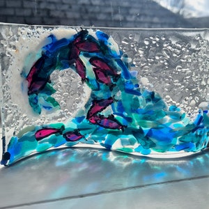 Fused Glass Wave Pink Fish Coastal Ocean Sea Free Standing Sun Catcher Ornament Handmade Cornish Glass Beautiful Décor Made to Order Custom