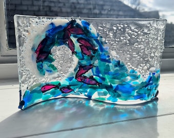 Handmade Bespoke Fused Glass Cats Wave Decor/custom Made Order