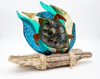 Fused Glass Turtle Sculpt Art Cornish Drift Wood Raft Mount, Cornish Glass Art Sun Catcher Decoration Handmade Home Décor  Choose Custom