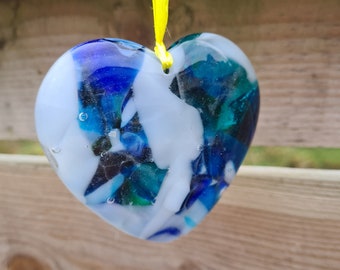 Verschmolzenes Glas Herz Hängender Sonnenfänger Abstrakt Blau Sonnenfänger Handarbeit Kornglas Auf Bestellung