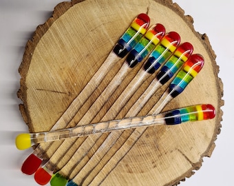 Rainbow Drink Stirrers, Fused Glass Handmade in Cornwall Stripy Top, Lovely gift, Quirky, Cheerful, Unique