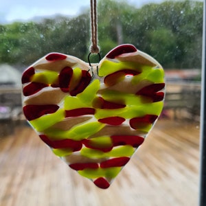 Fused Glass Heart Mini Sun Catcher, Hanging, Handmade, Gold, Red & Green, Home Décor, Made to Order Colours, Theme to Choose Custom