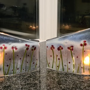 Fused Glass Large Candle Tealight Candle Shield Décor Subtle Flower, Poppy Field Theme Custom Handmade to Order Available, left or right