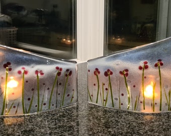 Fused Glass Large Candle Tealight Candle Shield Décor Subtle Flower, Poppy Field Theme Custom Handmade to Order Available, left or right