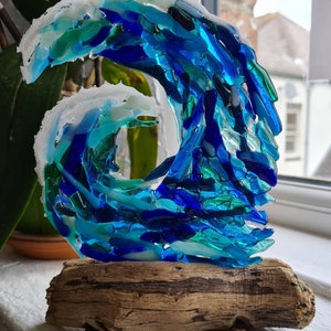 Fused Glass Wave 25cm Sea Wave, Free Standing Sun Catcher Decoration Sculpture on Cornish Driftwood Stand. Made to Order, Custom