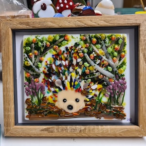 Fused Glass Hedgehog Framed Panel Handmade Cornish Glass Home Décor Wildlife Lovers