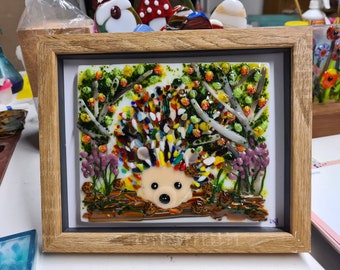 Fused Glass Hedgehog Framed Panel Handmade Cornish Glass Home Décor Wildlife Lovers