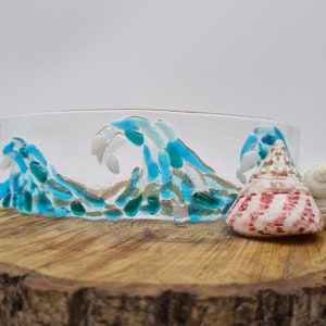 Fused Glass Waves Coastal Sea Wave Ocean Theme, Light, Candle/Tealight Shield  Candle Holder Piece One Off Made to Order  Choose Custom