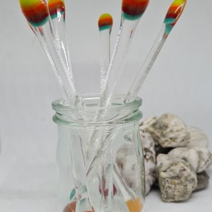 Fused Glass Drink Stirrers, Handmade in Cornwall Stripy Top, Corresponding Colour Bottoms, Set of 6, Lovely gift, Quirky, Cheerful,Unique