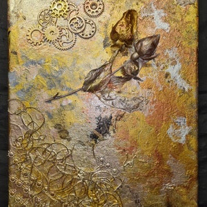 Acrylic Art Gold Leaf Mix Media Art, 21x26cm Acrylic Pours, Textured Piece Real Roses
