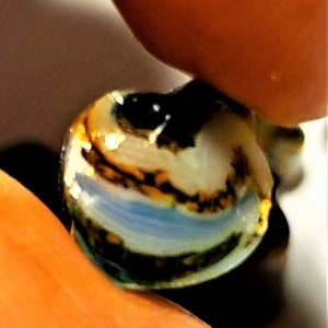 May include: A close-up of a small, round, iridescent glass bauble with a blue, white and brown swirl pattern.