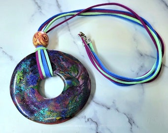 Polymer Clay Statement Pendant, Doughnut, Sparkly Adult Fidget Busy Hands Necklace Handmade DAK studio Marked & Certified