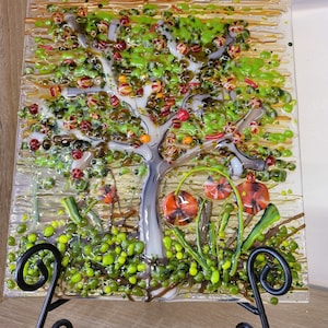 Tree Glass Panel, Cornish Fused Glass Art Picture, Sun Catcher, Autumn Scene, Stand Decoration Handmade Home Décor