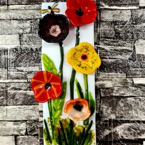 Fused Glass Poppy Meadow Field Bunch 3D Style Pane Large 15x30cm Handmade Beautiful Décor, Made to Order Colours and Theme to Choose Custom